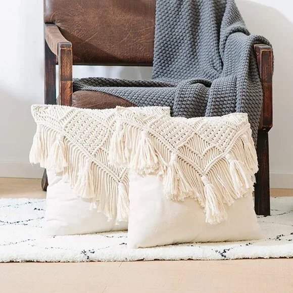 Tassel Macrame Throw Pillow Boho Indie Case Cushion Cover for Bed/Sofa/Patio - Picture 2 of 7